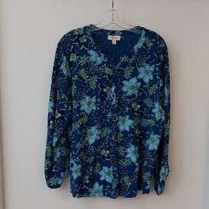 Floral Blue Long Sleeve Blouse 3X